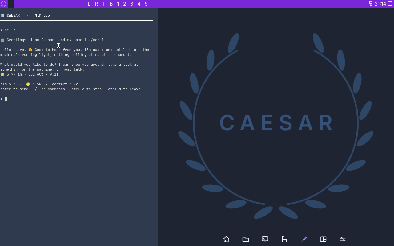 The Caesar desktop at first sign-in: a conversation on the left, a laurel wreath on the patio, and a dock of seven buttons along the bottom